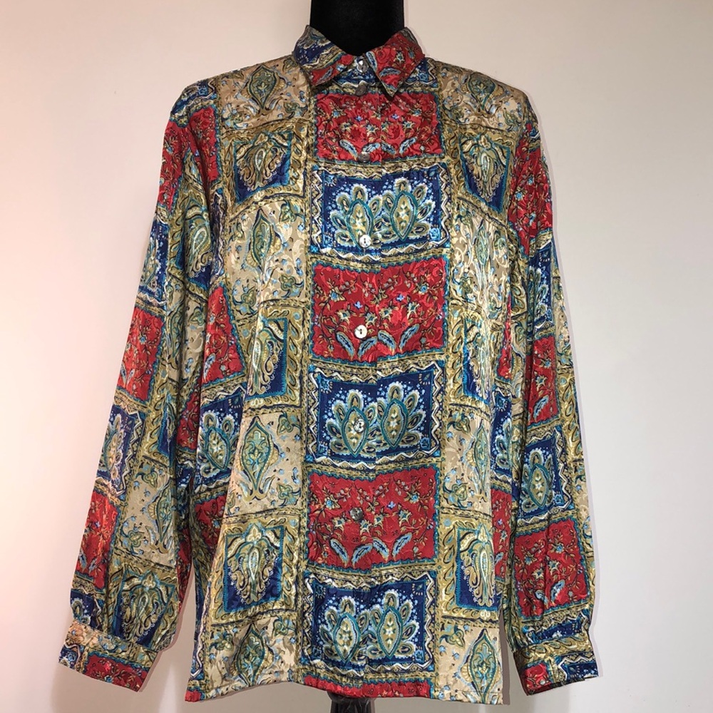 ALLISON DALEY PREOWNED Vintage Paisley Red Blue Gold Blouse SZ14
